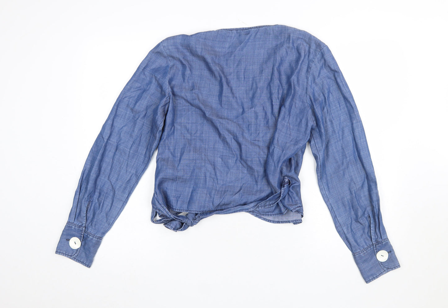 Salsa Women Blue Wrap Lyocell Chambray Blouse L Long Sleeve