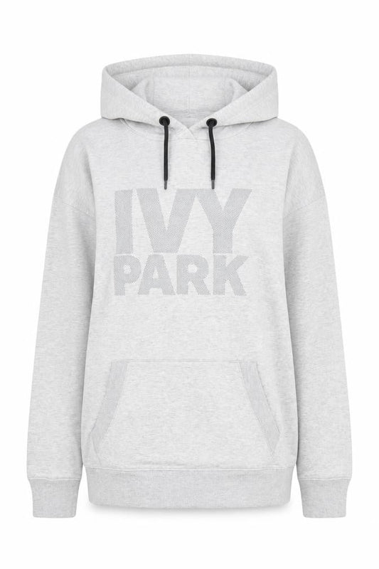 Front view of Ivy Park Women's Grey Pullover Hoodie, size M, Cotton Blend