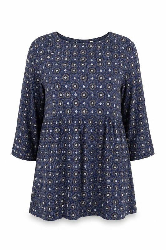 FatFace Women Blue Floral Tunic Top UK 12 3/4 Sleeve Cotton Blend