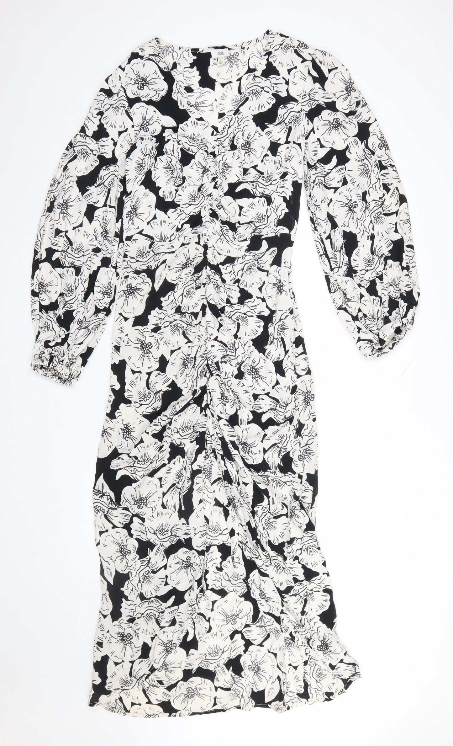 River Island Women’s Black Floral Ruched Midi Dress Size 8