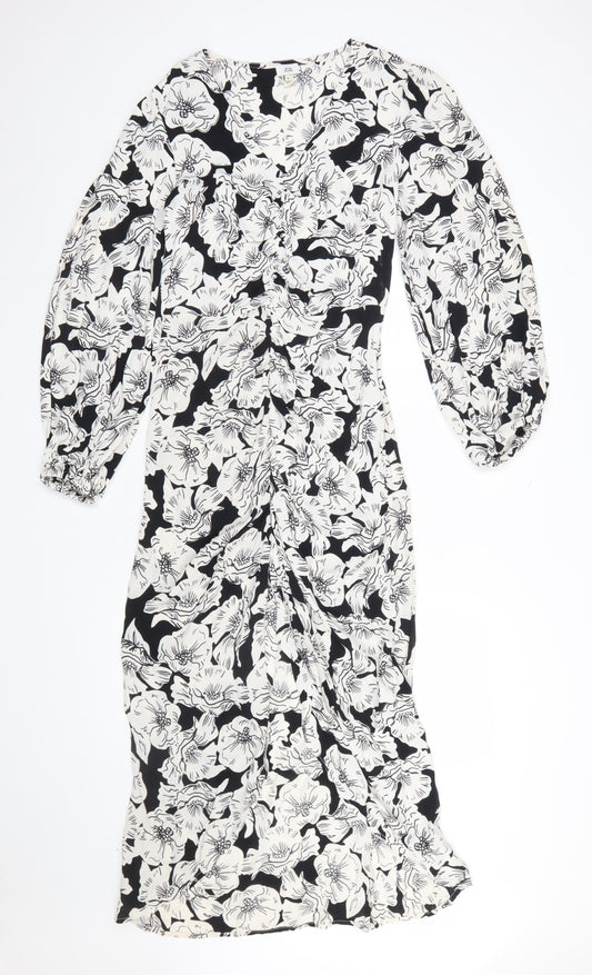 River Island Women’s Black Floral Ruched Midi Dress Size 8
