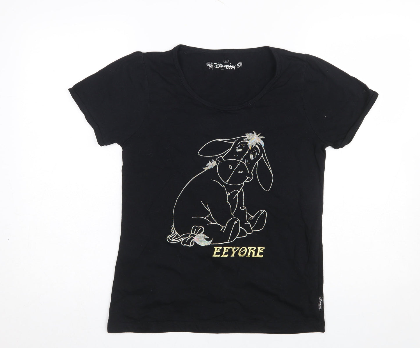 Disneyland Paris Girls Black Eeyore T-Shirt L 100% Cotton Graphic Tee