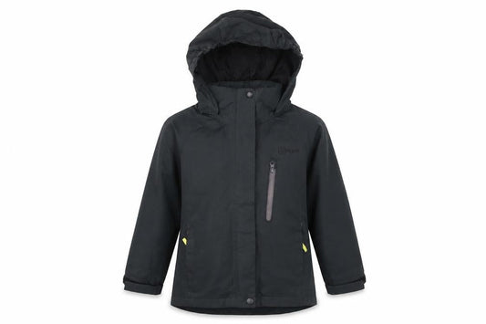 Front view of Hi Gear boys’ black hooded waterproof parka jacket 5-6 years lined