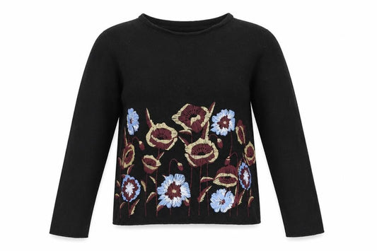 Zara Women’s Black Embroidered Floral Long Sleeve Cotton T-Shirt Size S