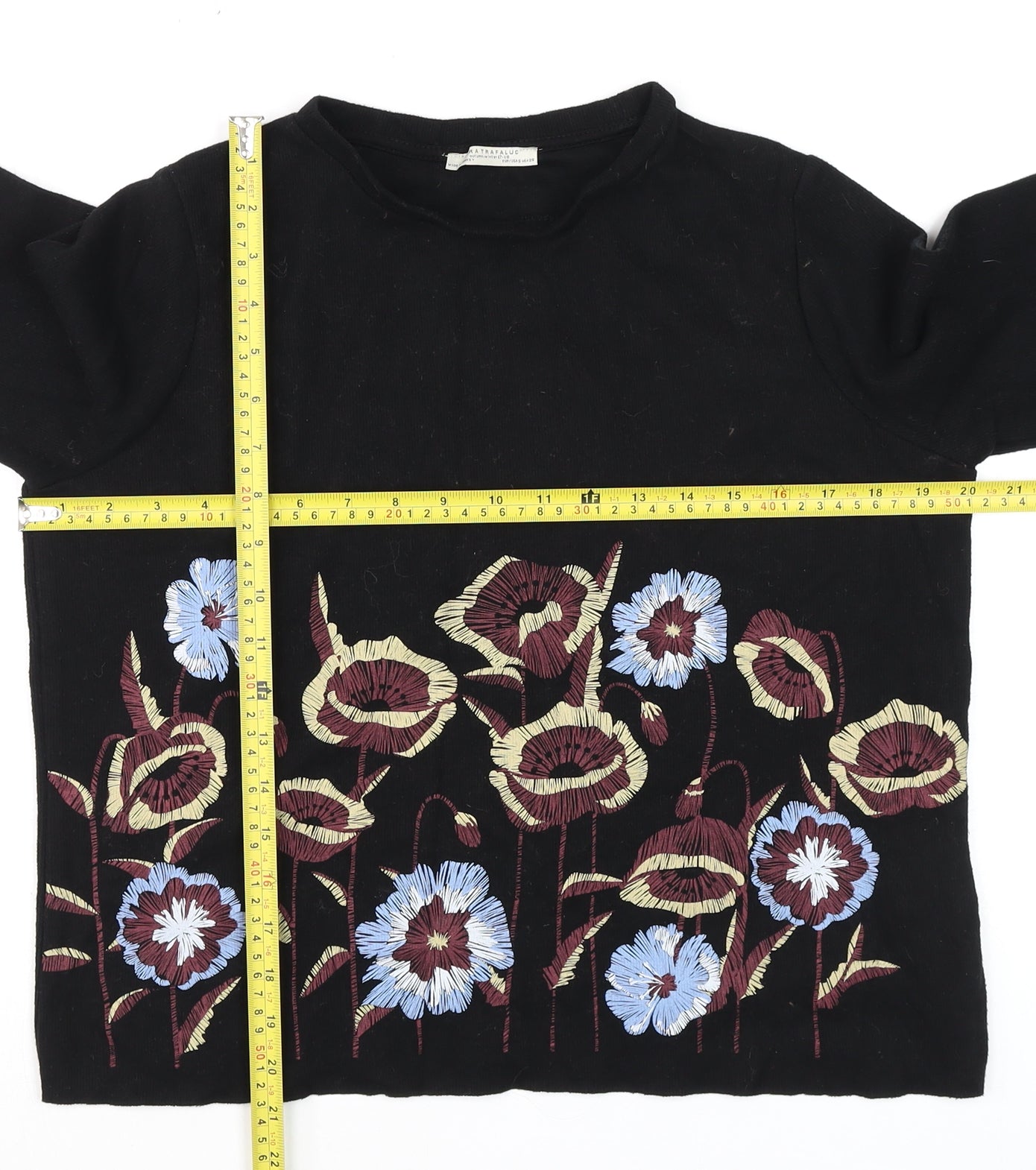 Zara Women’s Black Embroidered Floral Long Sleeve Cotton T-Shirt Size S