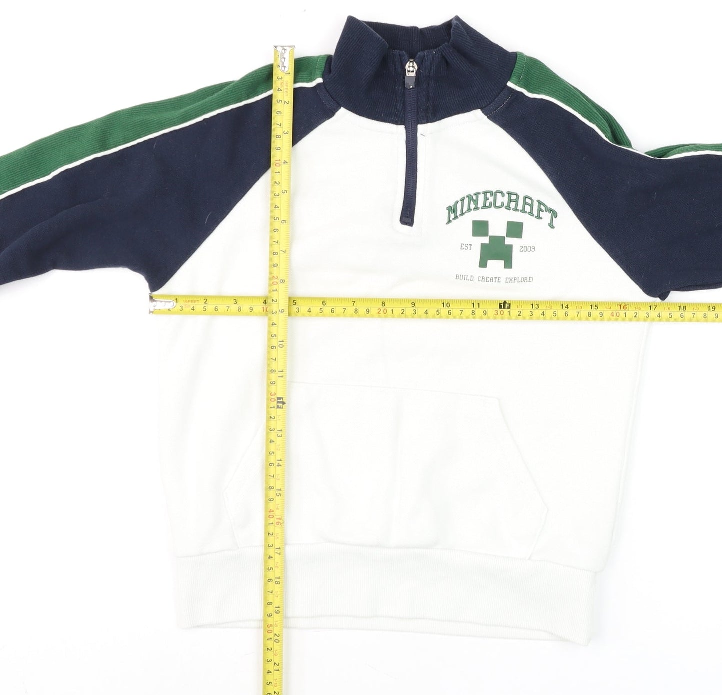 Primark Minecraft Boys White Green Navy 8-9 Years 1/4 Zip Jumper