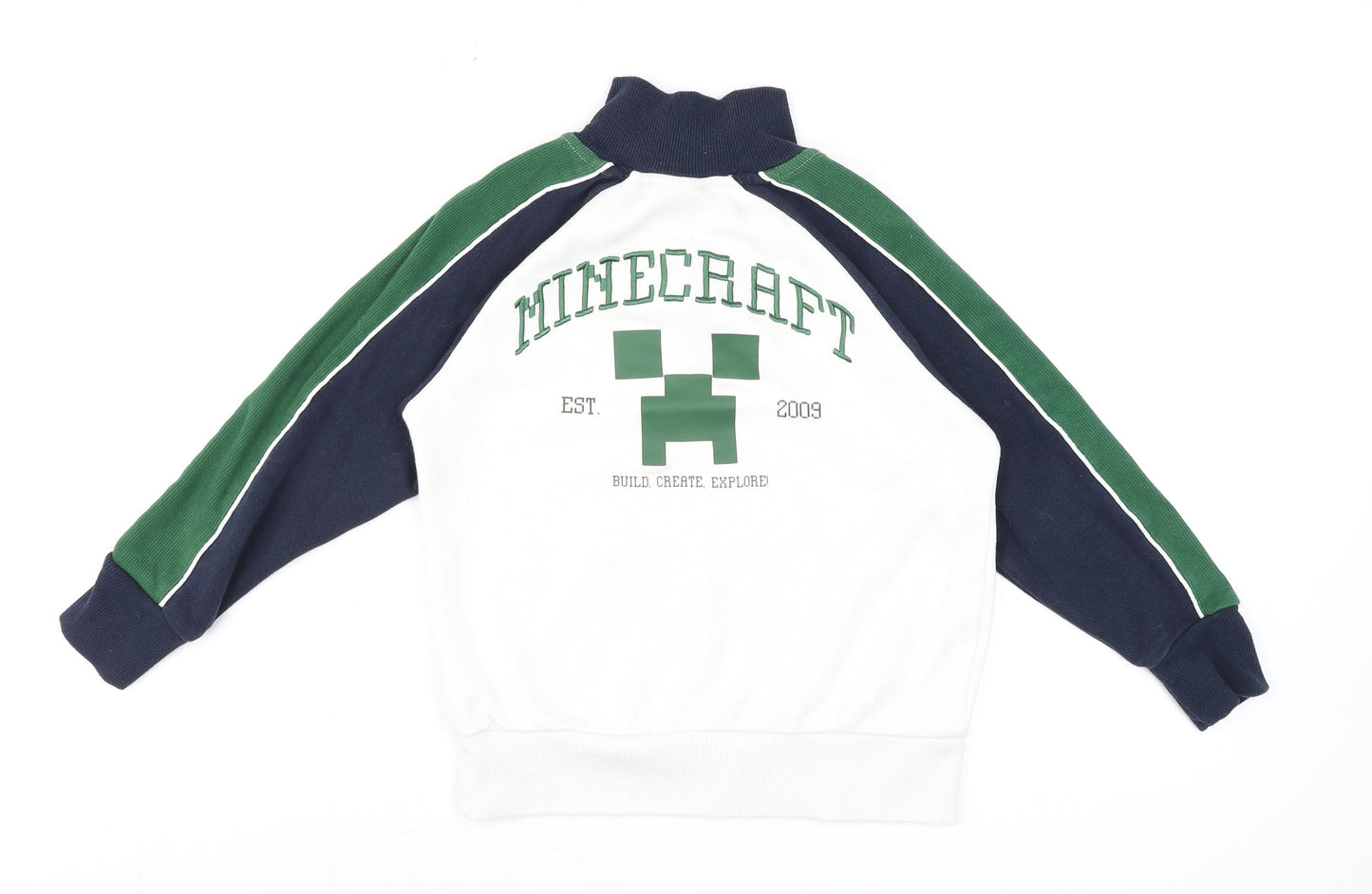 Primark Minecraft Boys White Green Navy 8-9 Years 1/4 Zip Jumper