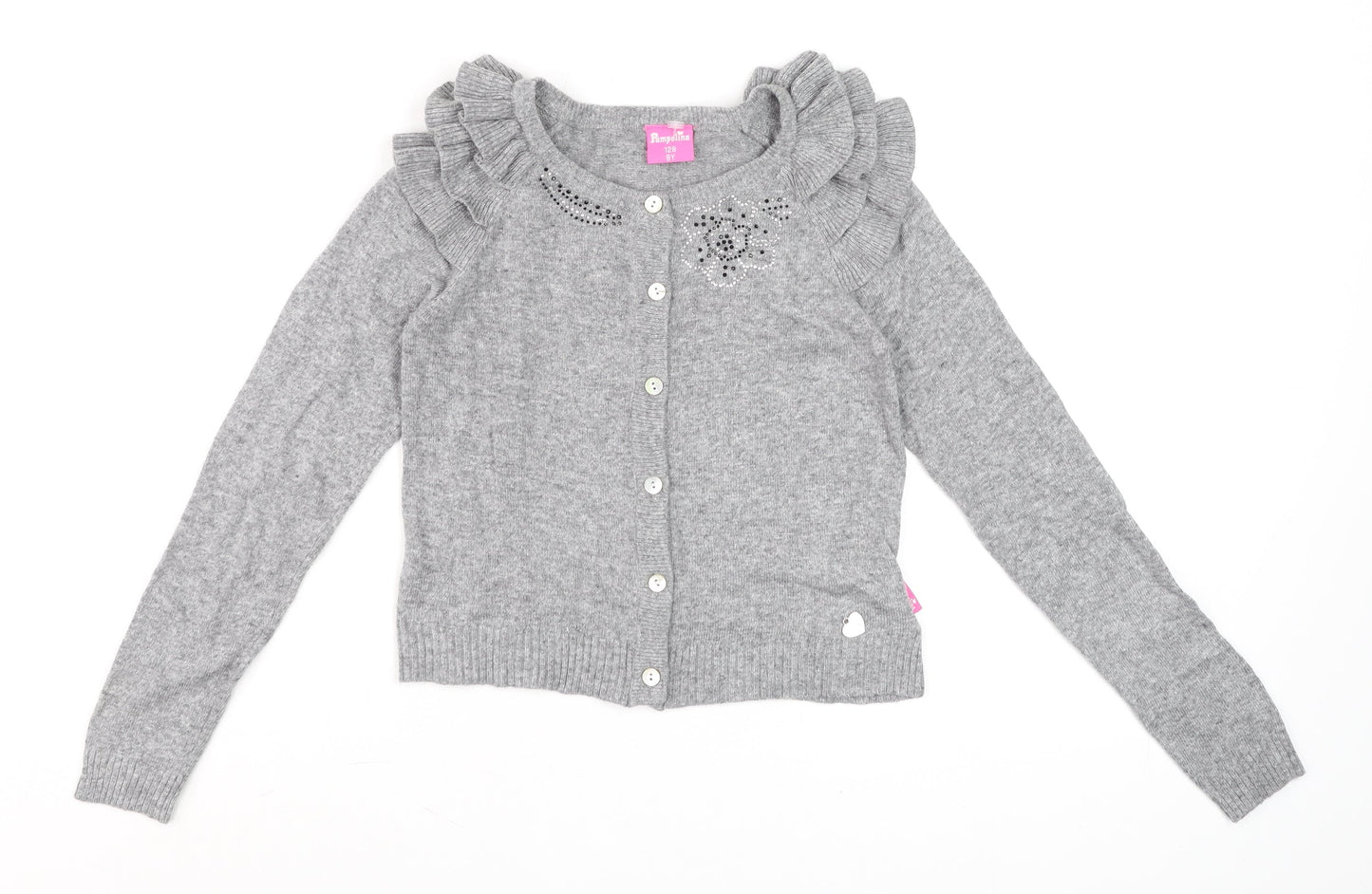 Pampolina Girls Grey Ruffle Shoulder Button Cardigan 8 Years