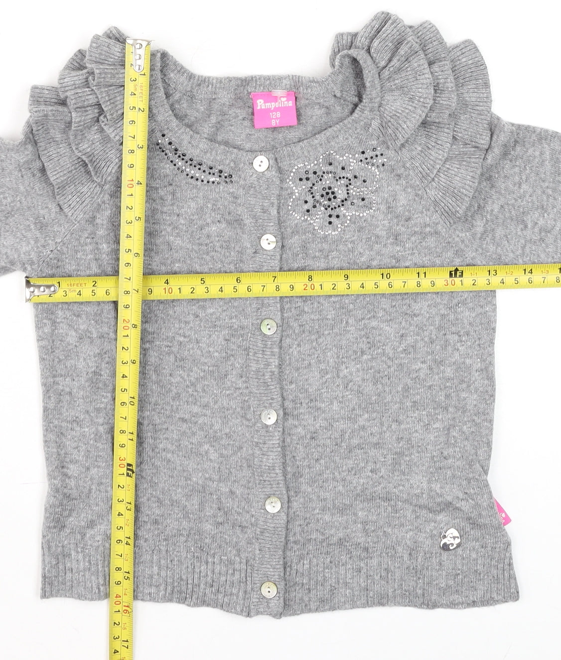 Pampolina Girls Grey Ruffle Shoulder Button Cardigan 8 Years