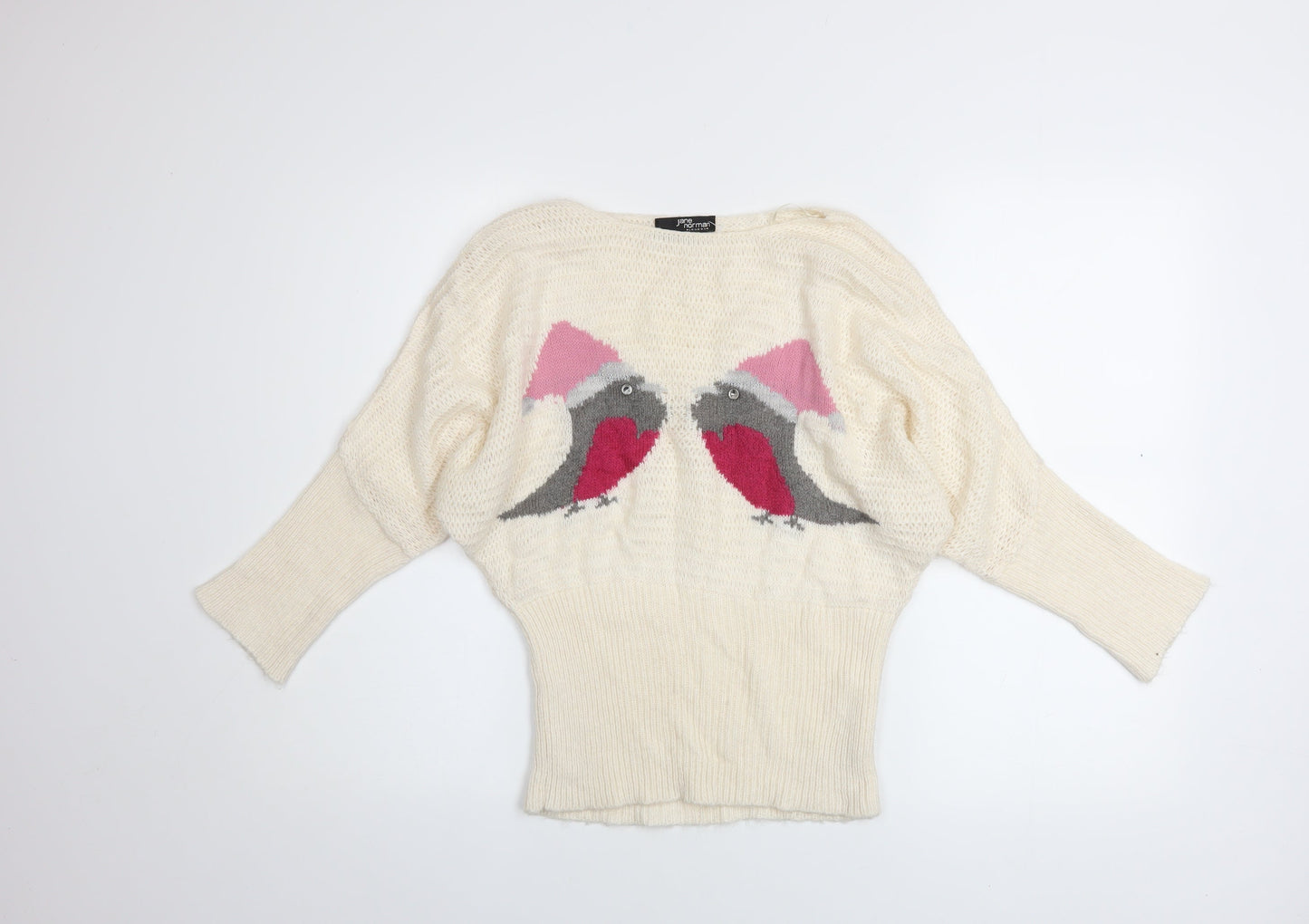 Jane Norman Women’s Ivory Christmas Robin Jumper Size 12 Knit Pullover