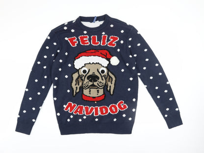 H&M Men Blue Christmas Dog Graphic Jumper M Pullover Knit