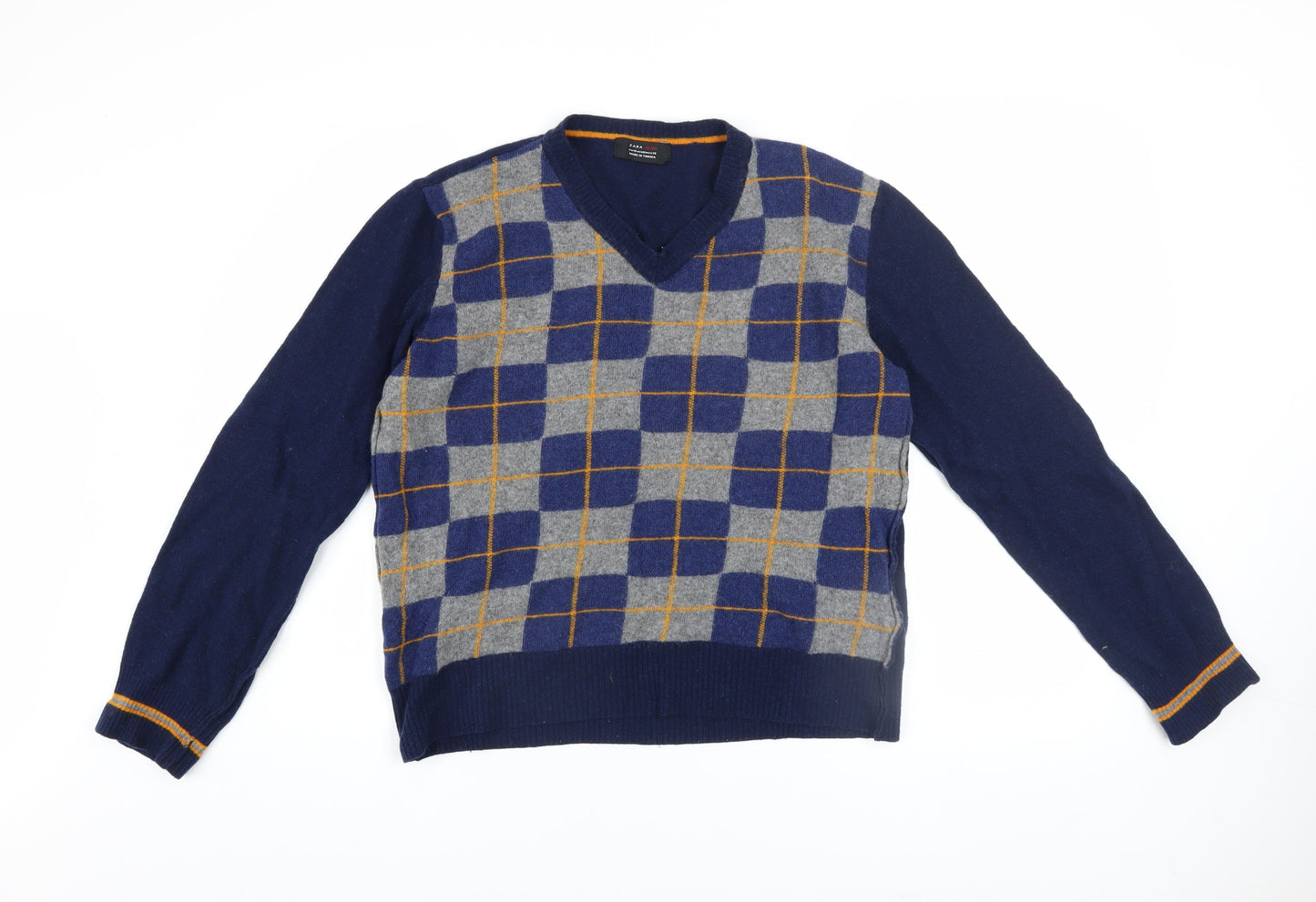 Zara Man Blue Check Wool V-Neck Men's Pullover Jumper M