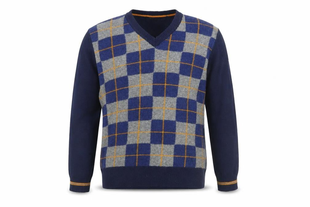 Zara Man Blue Check Wool V-Neck Men's Pullover Jumper M