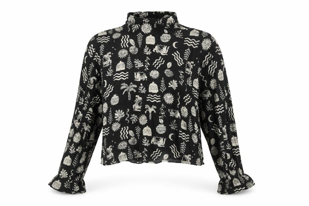 Pull&Bear Women's Black Cropped High Neck Long Sleeve Bohemian Blouse Size S