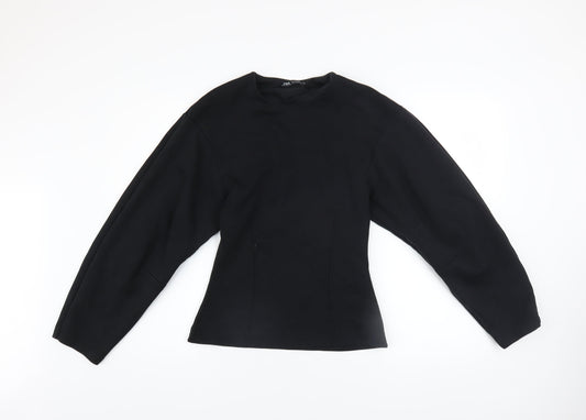 ZARA Women Black Pullover Sweatshirt Medium Cotton Blend Crew Neck
