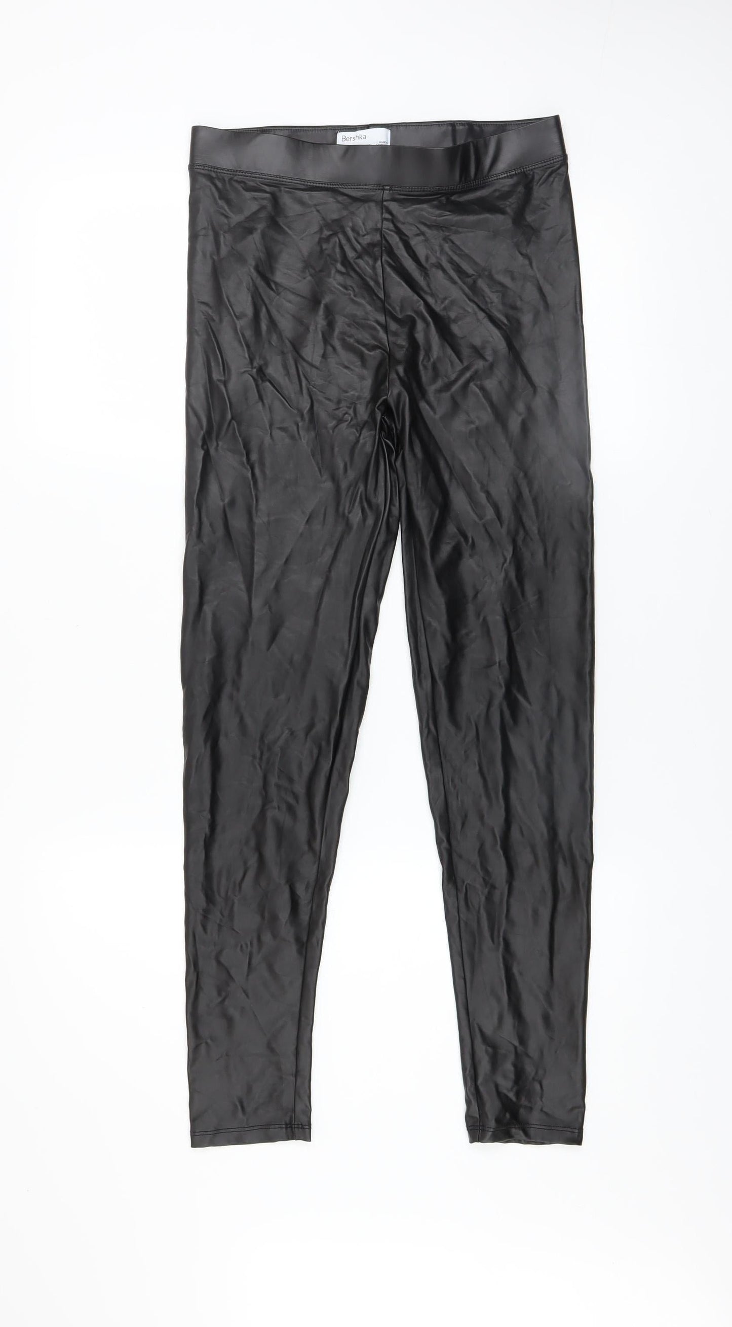 Bershka Women Black Faux Leather Leggings M Slim Fit Stretch
