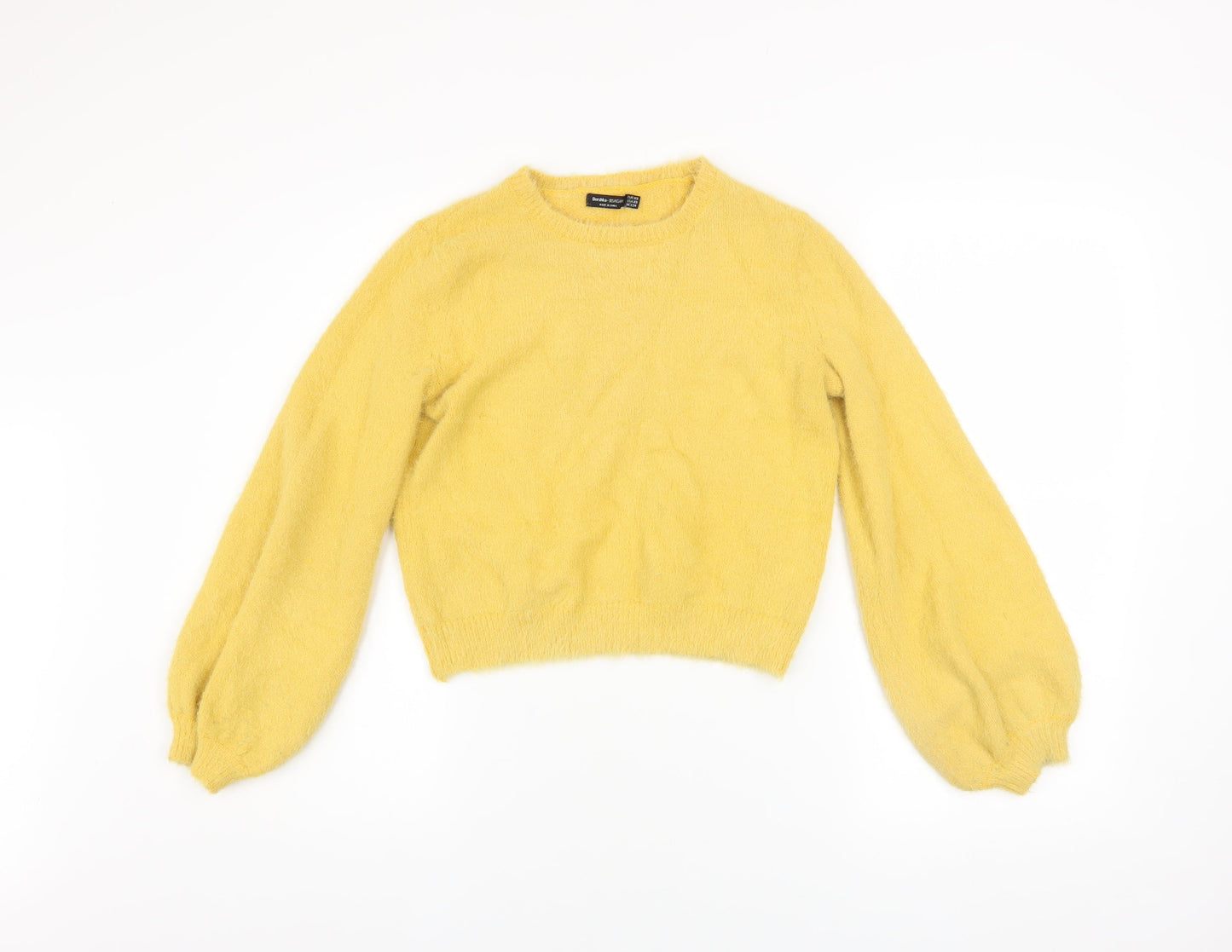 Bershka Girls Yellow Pullover Jumper XS Soft Knit Crew Neck Sweater