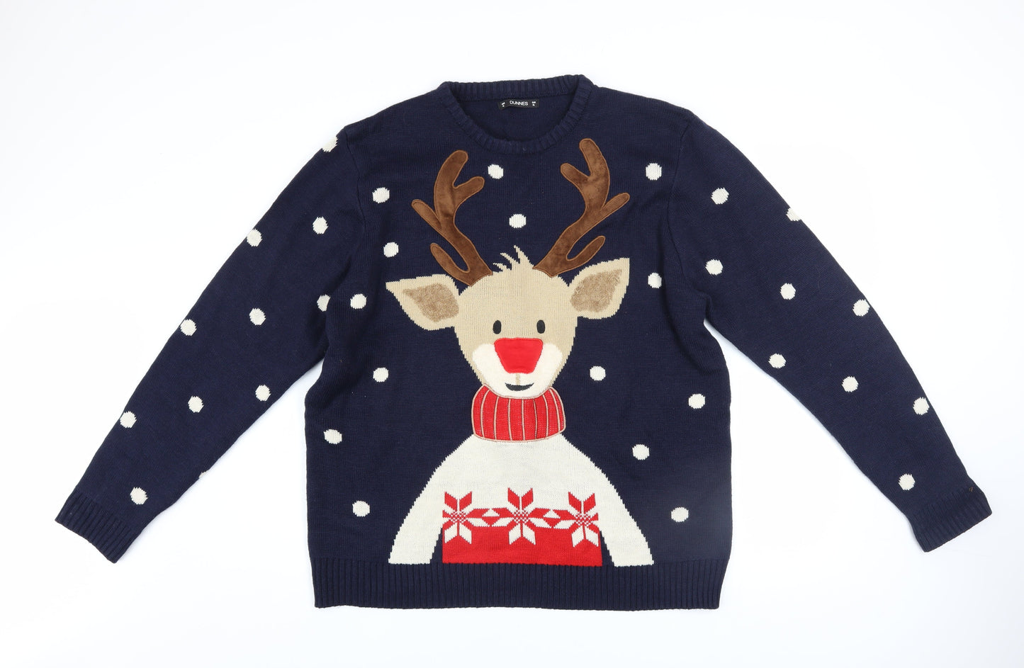 Dunnes Stores Men's Blue Reindeer Christmas Jumper XL Crew Neck Knit