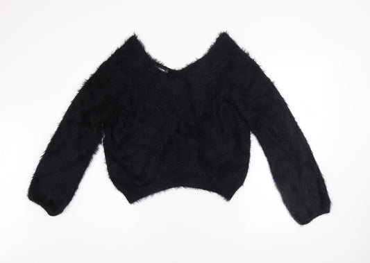 PrettyLittleThing Women’s Black V-Neck Fluffy Knit Jumper Size 8