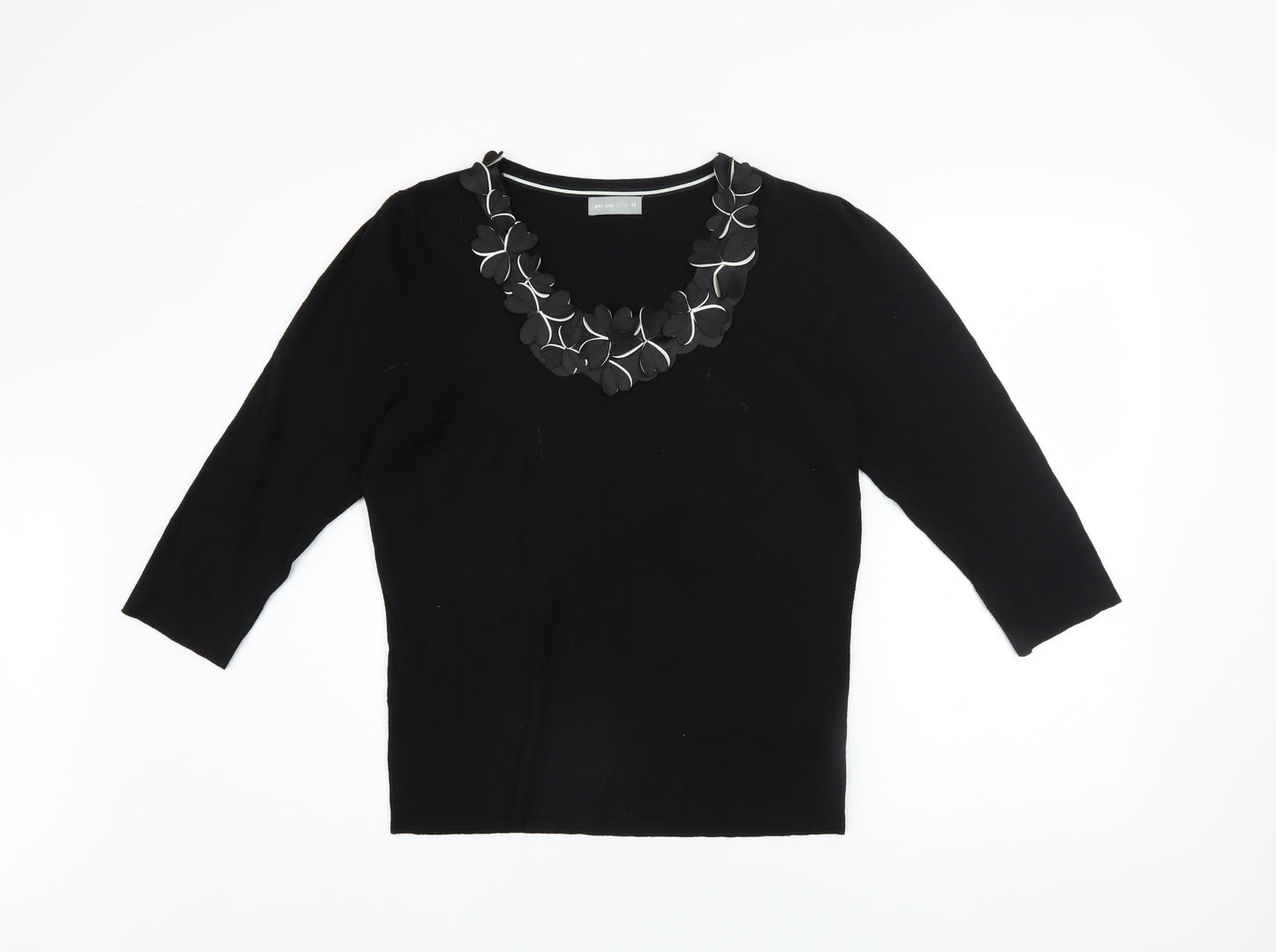 Marks and Spencer Per Una Womens Black Viscose Blend V-Neck 3/4 Sleeve Jumper Size 16