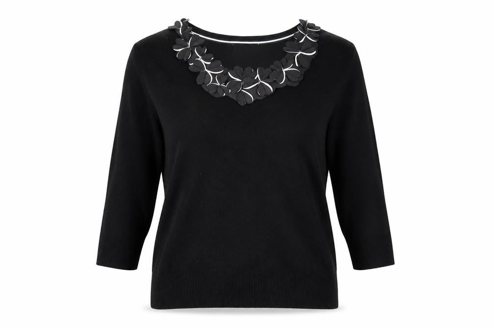 Marks & Spencer Per Una Womens Black Viscose Blend V-Neck 3/4 Sleeve Jumper Size 16