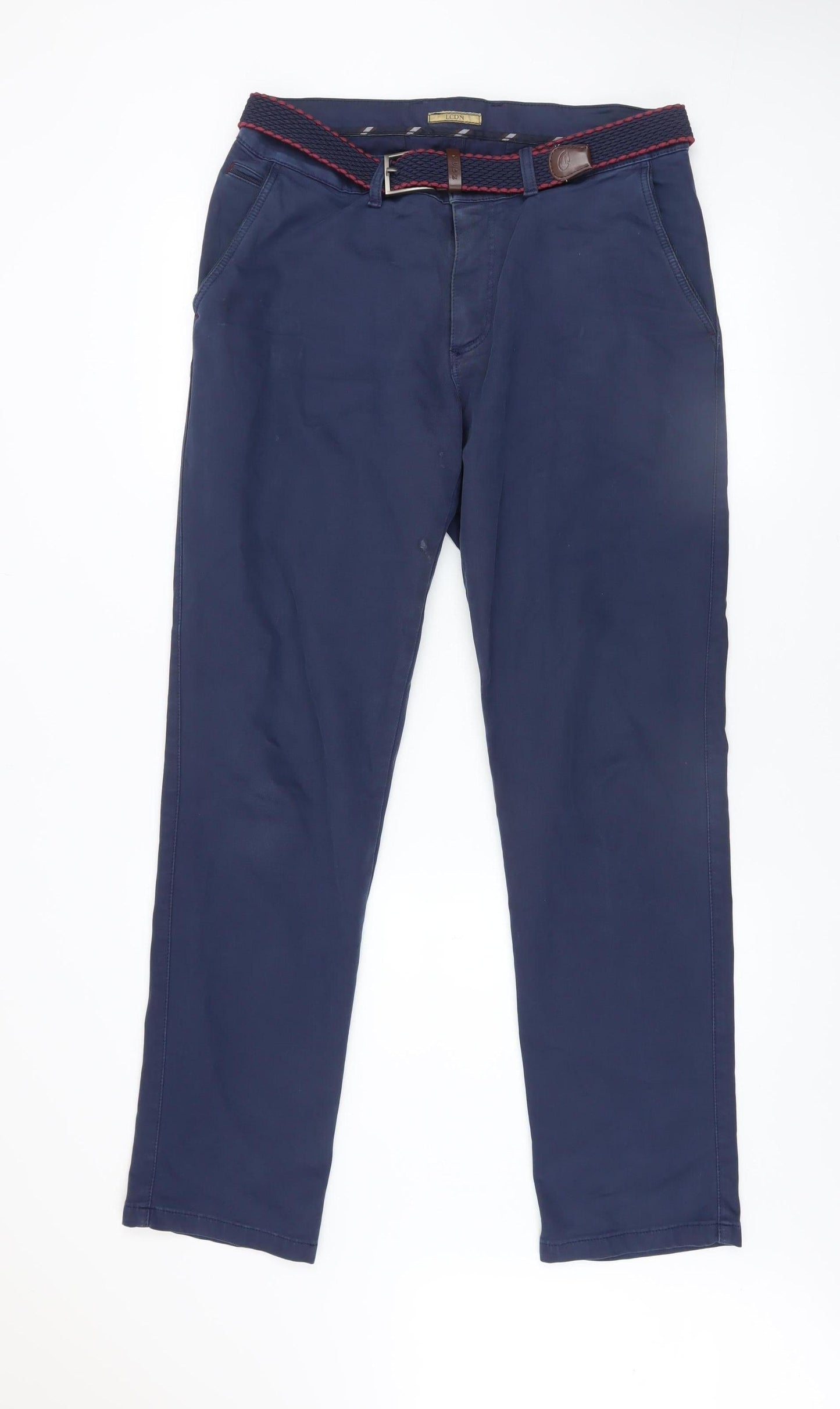 LCDN Men’s Blue Chino Trousers Size 34 Regular Fit Belted Cotton Blend