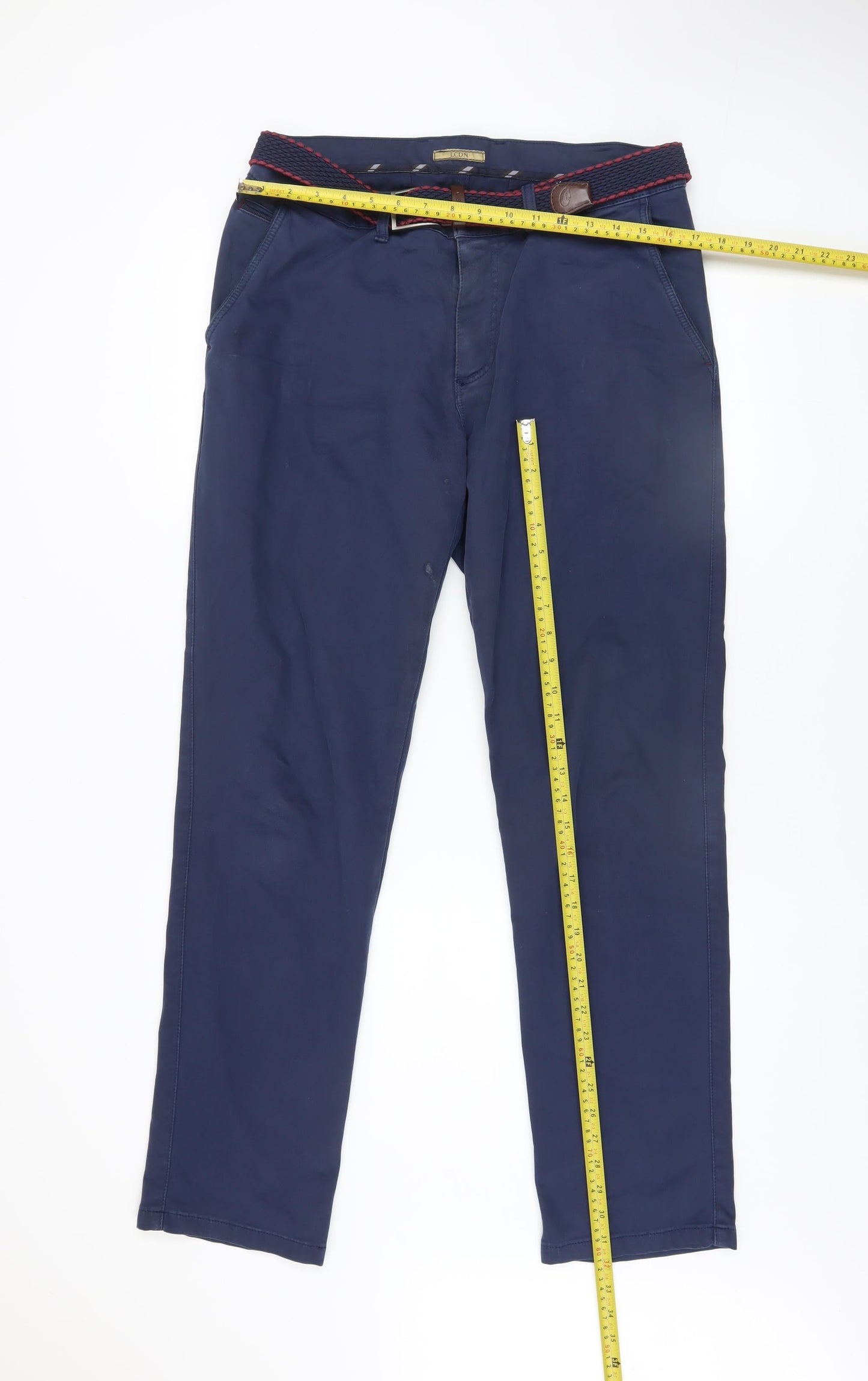 LCDN Men’s Blue Chino Trousers Size 34 Regular Fit Belted Cotton Blend