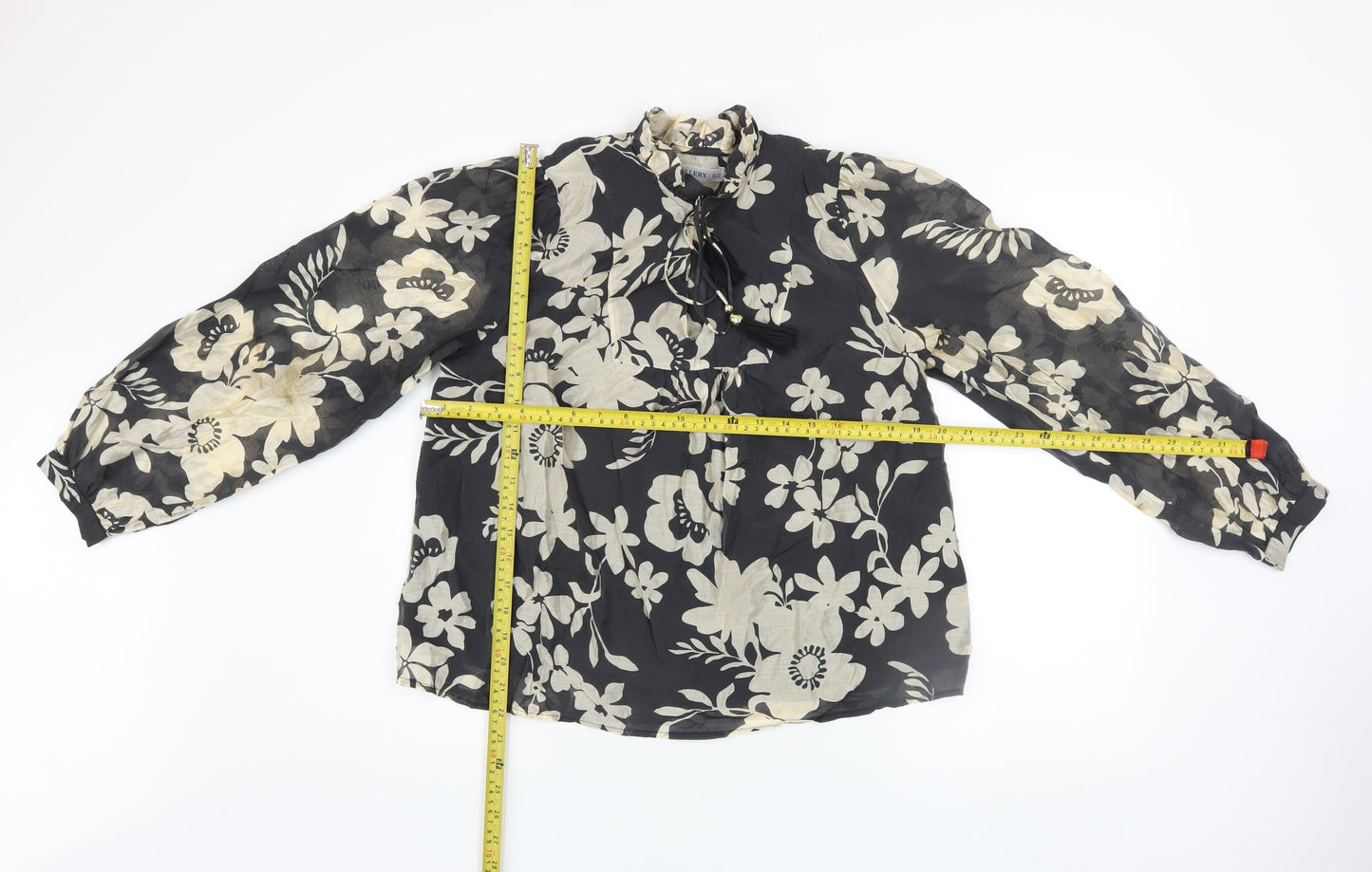 Gallery Women's Black Ivory Floral Long Sleeve Lyocell Blouse Size 12