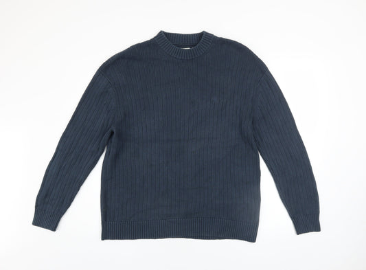 Calvin Klein Jeans Men's Blue Cotton Ribbed Crew Neck Jumper Size M