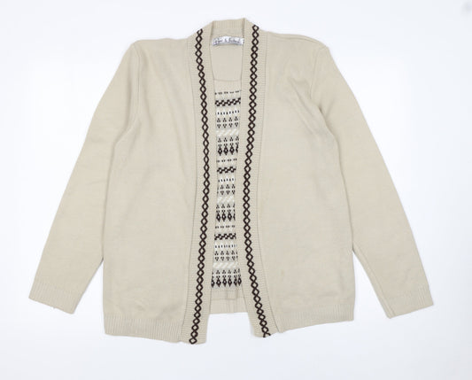 Pure & Natural Women's Beige Knit Cardigan M V-Neck Geometric Pattern