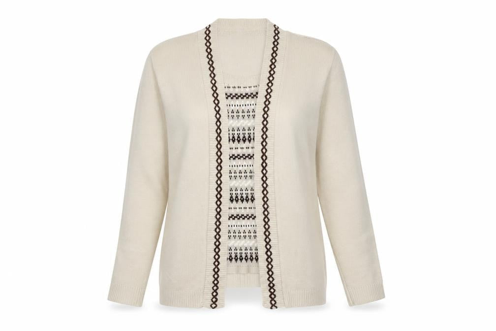 Pure & Natural Women's Beige Knit Cardigan M V-Neck Geometric Pattern