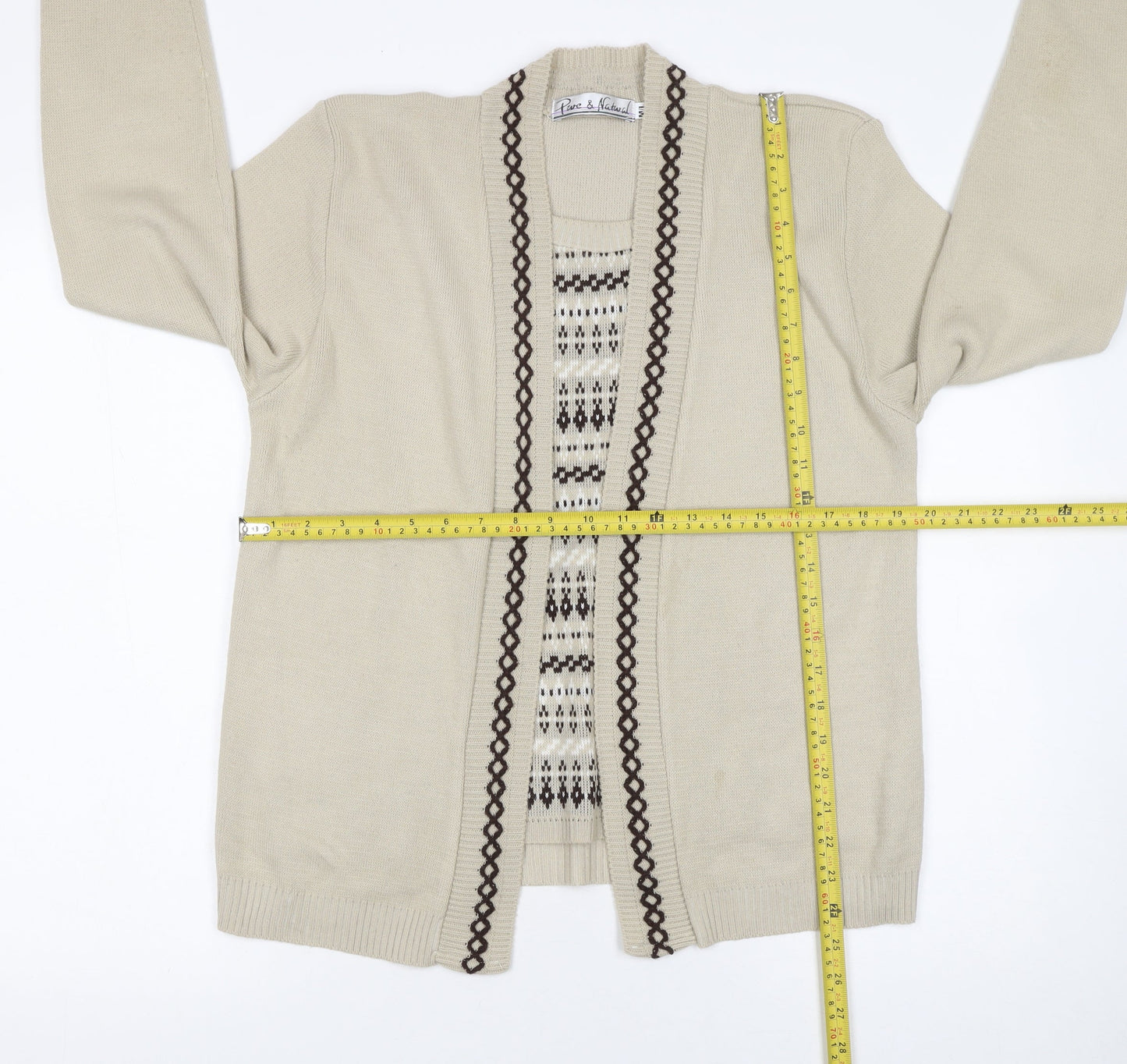 Pure & Natural Women's Beige Knit Cardigan M V-Neck Geometric Pattern