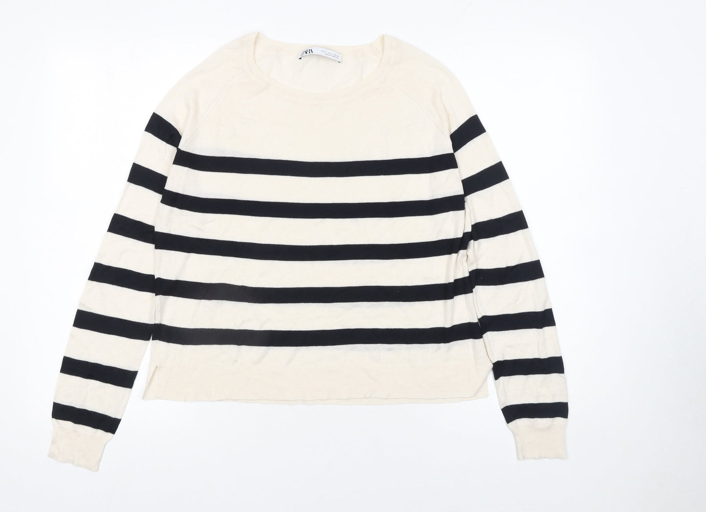 Zara Women’s Ivory Black Striped Cotton Knit Pullover Jumper Size 12
