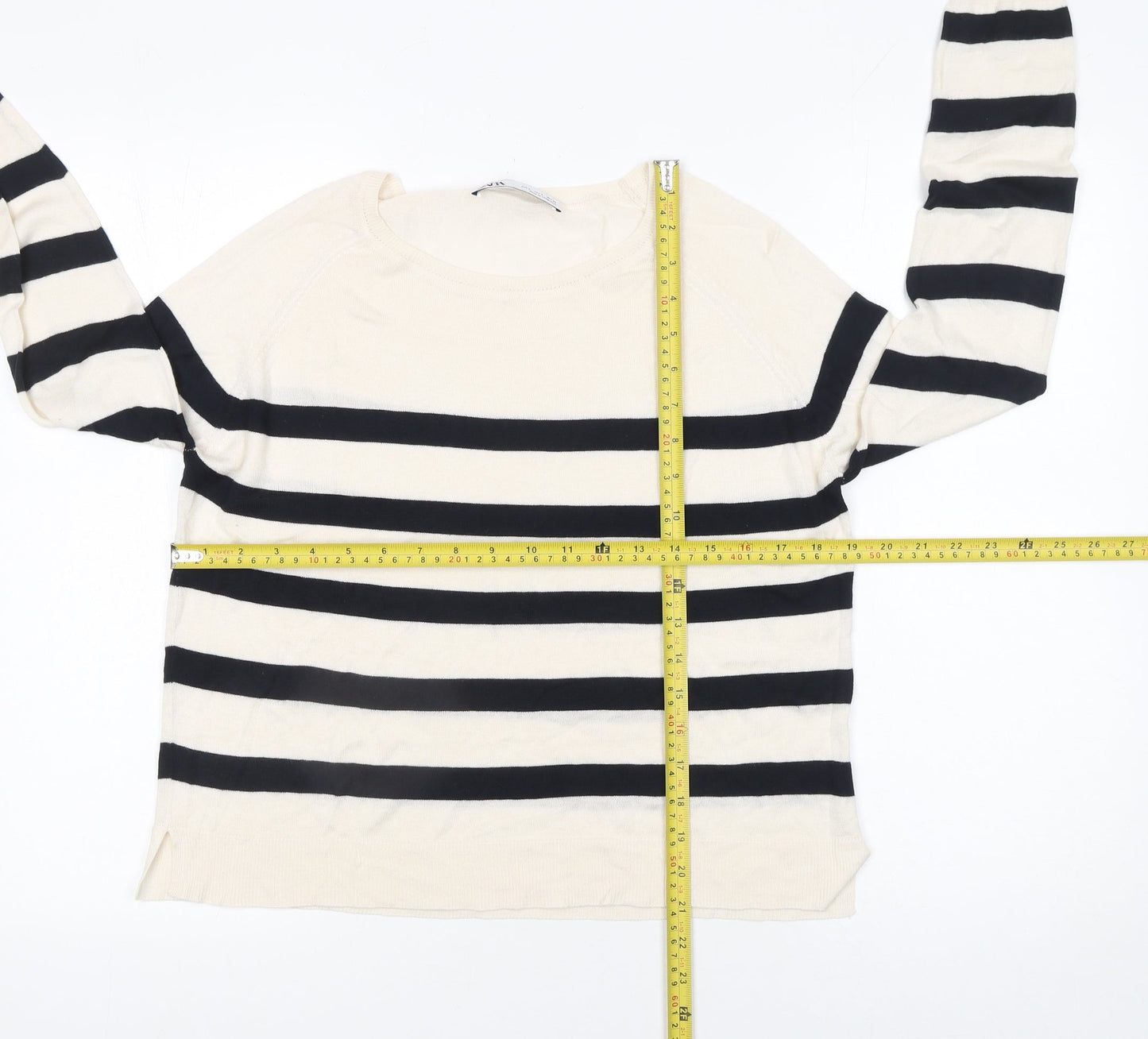 Zara Women’s Ivory Black Striped Cotton Knit Pullover Jumper Size 12