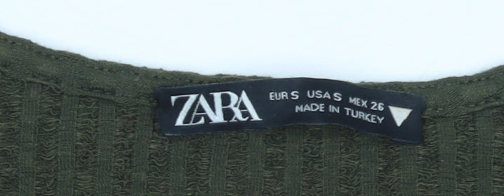 Zara Women Green Cropped Long Sleeve V-Neck Drawstring Top Size S