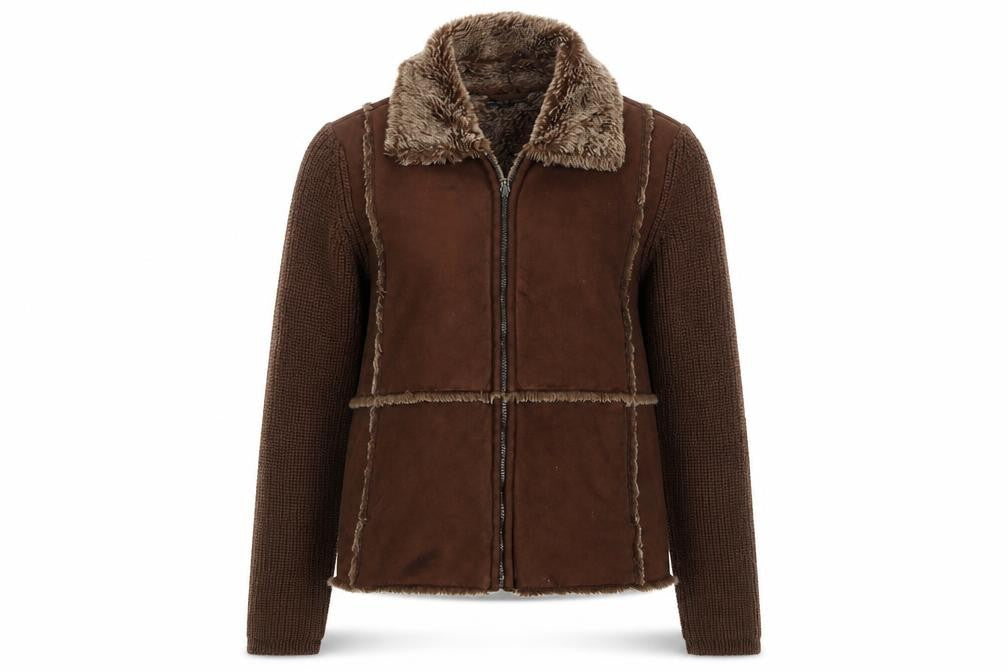 Debbie Morgan Women Brown Faux Shearling Knit Sleeve Jacket M