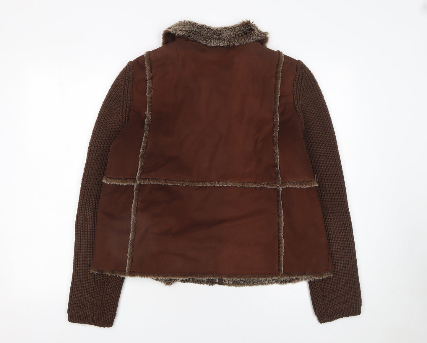 Debbie Morgan Women Brown Faux Shearling Knit Sleeve Jacket M