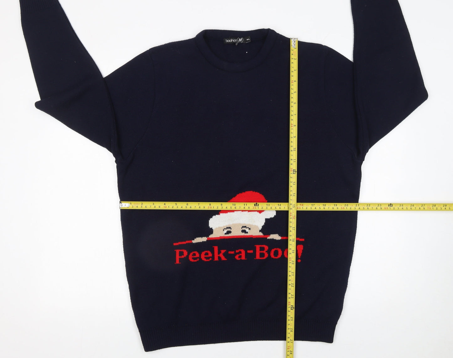 Boohoo Men’s Blue Christmas Peek-a-Boo Jumper Medium Crew Neck
