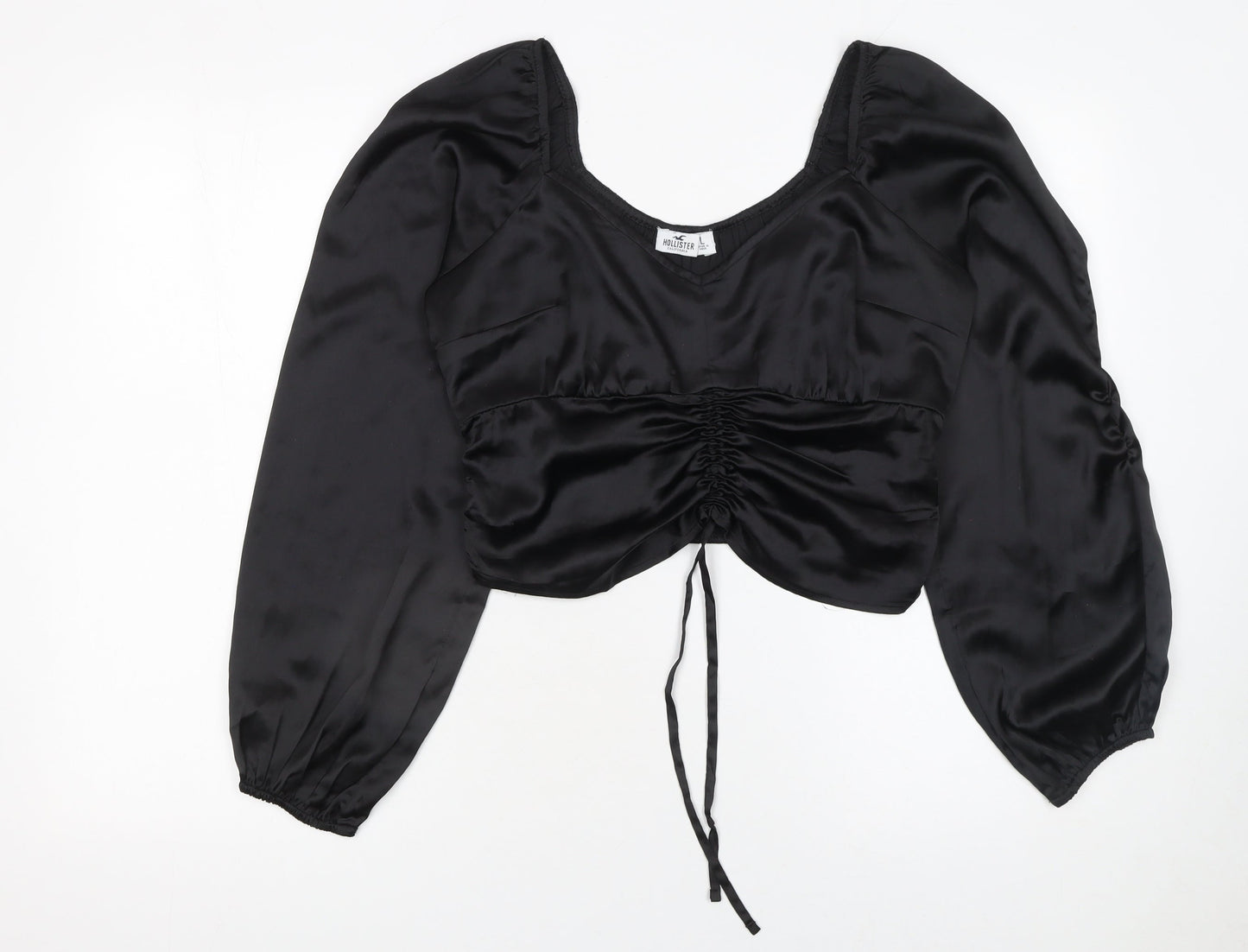 Hollister Women's Black Cropped Satin Blouse L Long Puff Sleeve