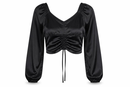 Hollister Women's Black Cropped Satin Blouse L Long Puff Sleeve
