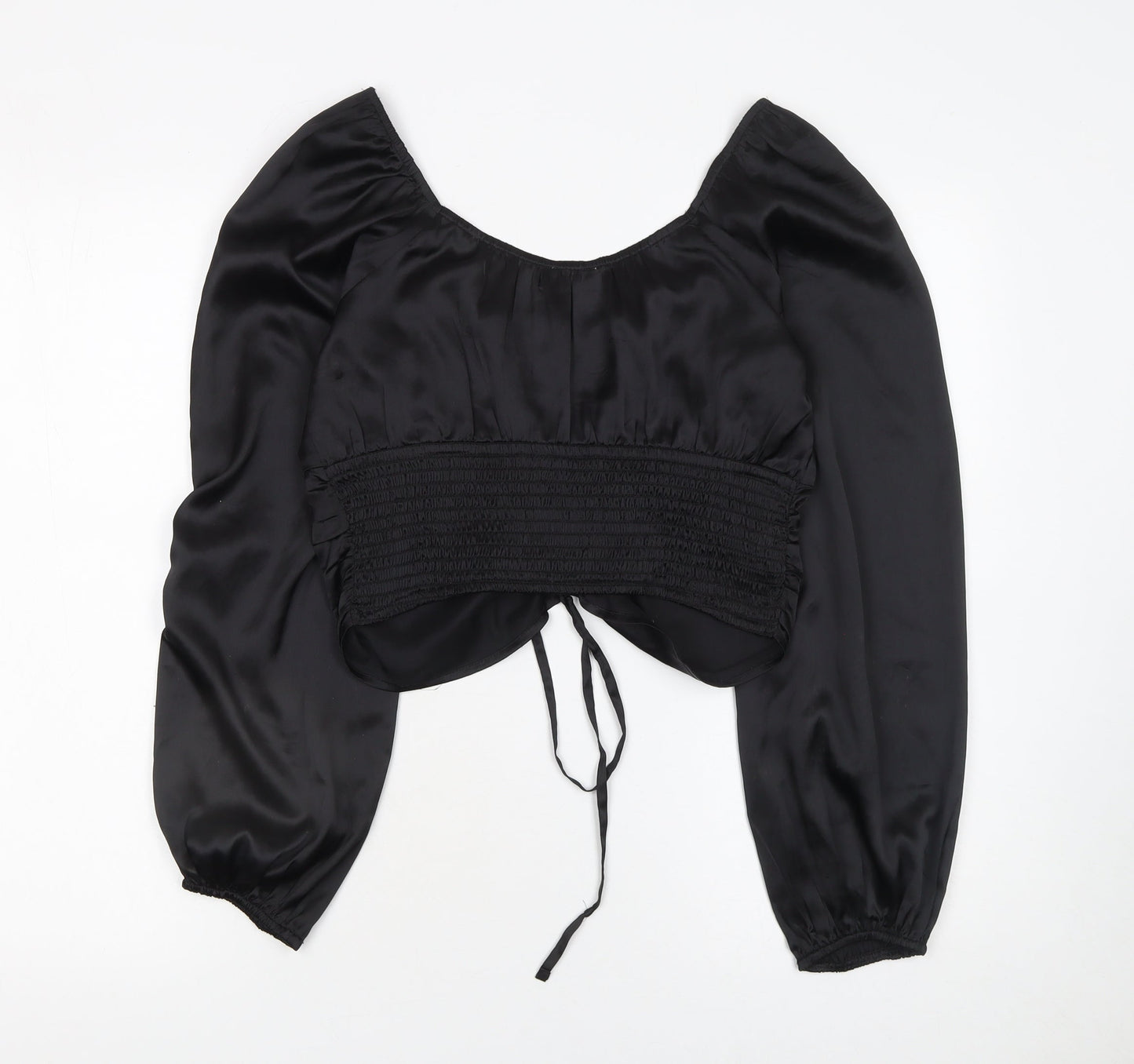 Hollister Women's Black Cropped Satin Blouse L Long Puff Sleeve
