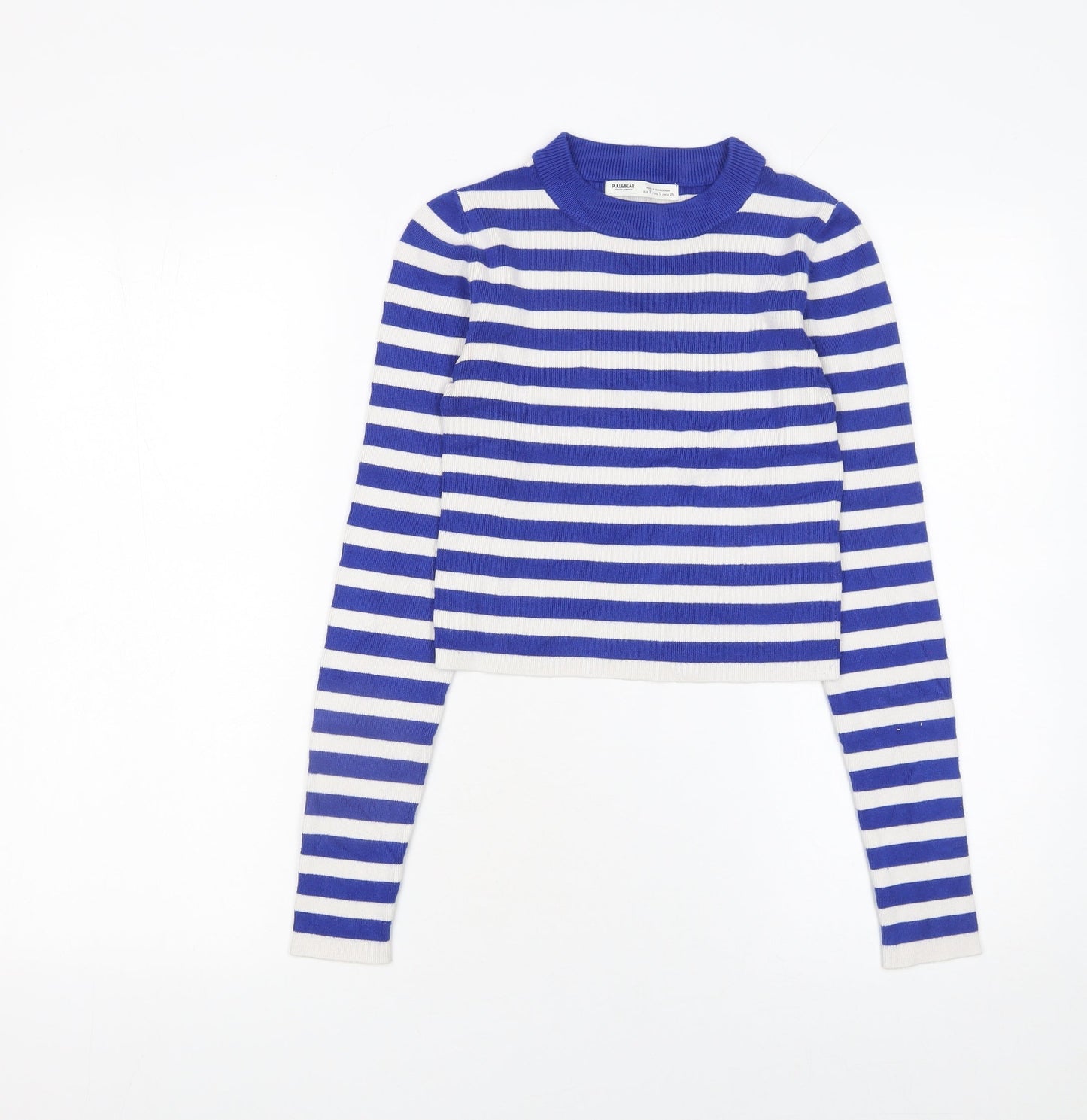 Pull&Bear Women Blue Striped Crew Neck Cotton Jumper Size S