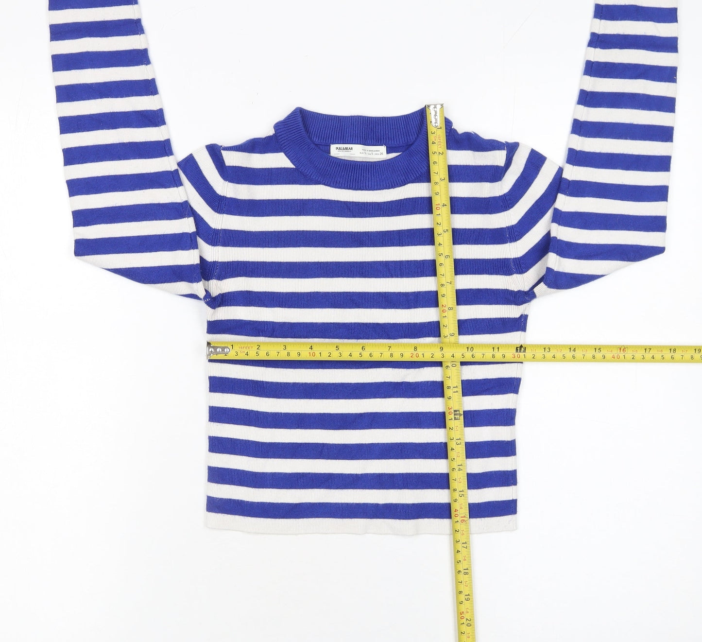 Pull&Bear Women Blue Striped Crew Neck Cotton Jumper Size S