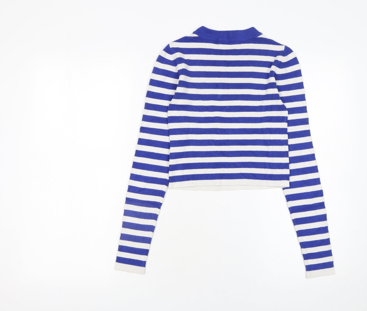 Pull&Bear Women Blue Striped Crew Neck Cotton Jumper Size S