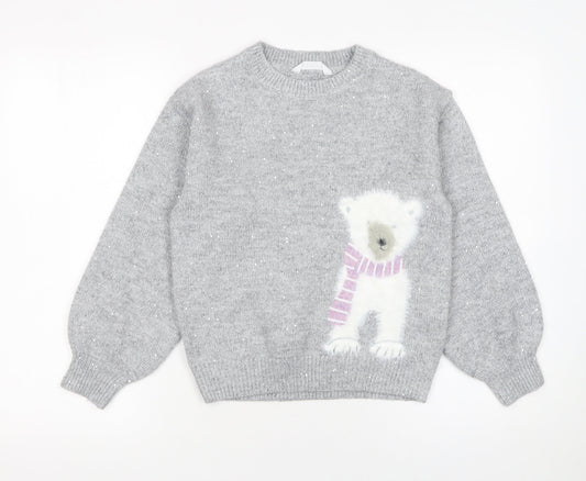 John Lewis Girls Grey Sparkly Polar Bear Jumper 9 Years Crew Neck Winter