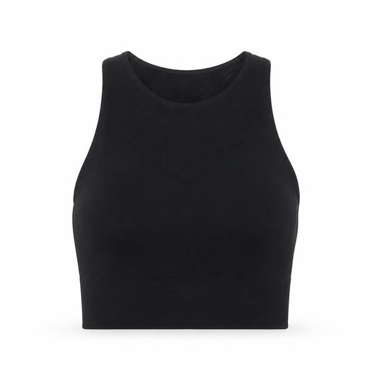 Front view of Adidas women’s black high neck racerback cropped tank top, size UK 16-18