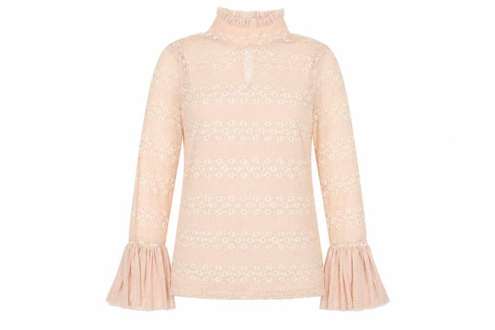 Guess Womens Beige Lace Flared Sleeve High Neck Blouse XL