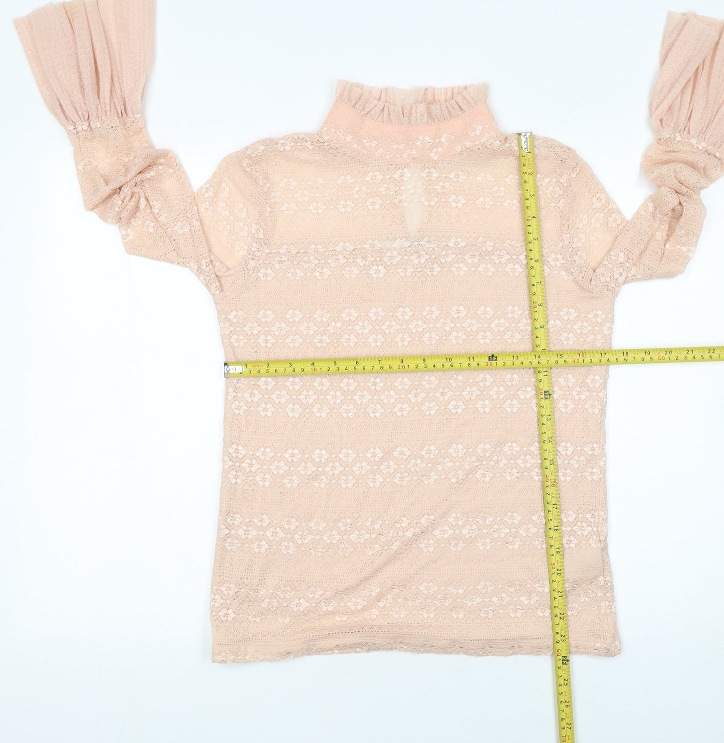 Guess Womens Beige Lace Flared Sleeve High Neck Blouse XL