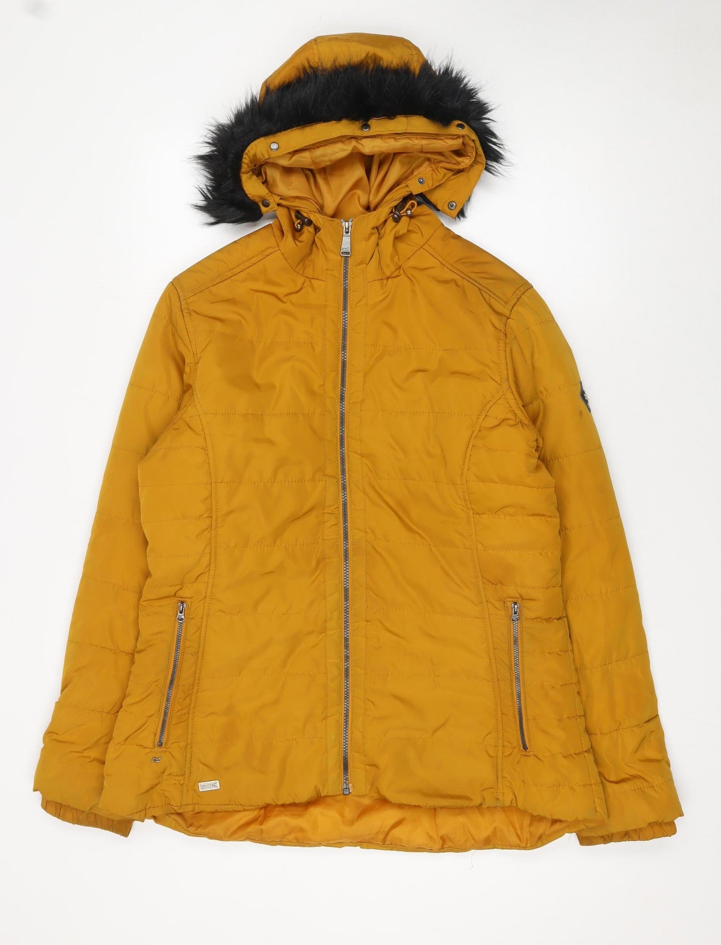 Regatta Women Mustard Puffer Jacket Hooded Faux Fur Trim UK 16