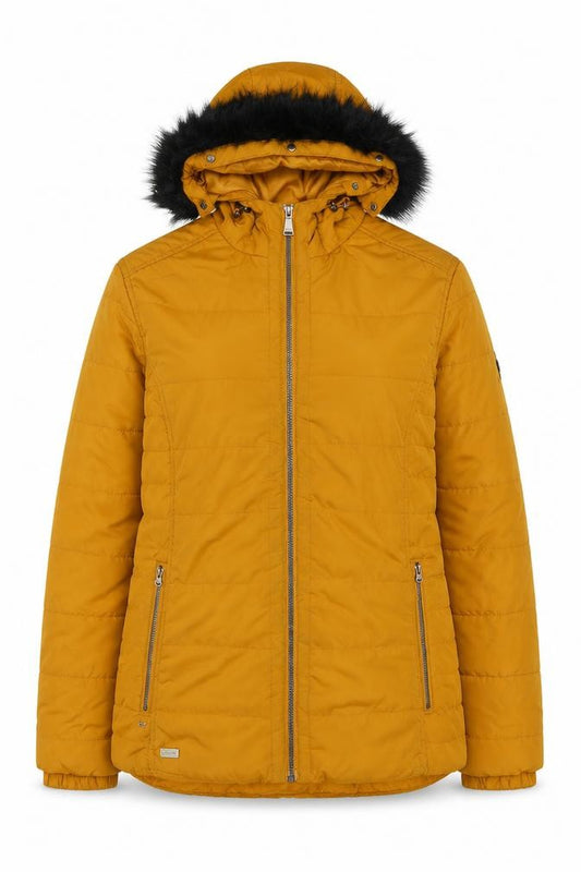 Regatta Women Mustard Puffer Jacket Hooded Faux Fur Trim UK 16